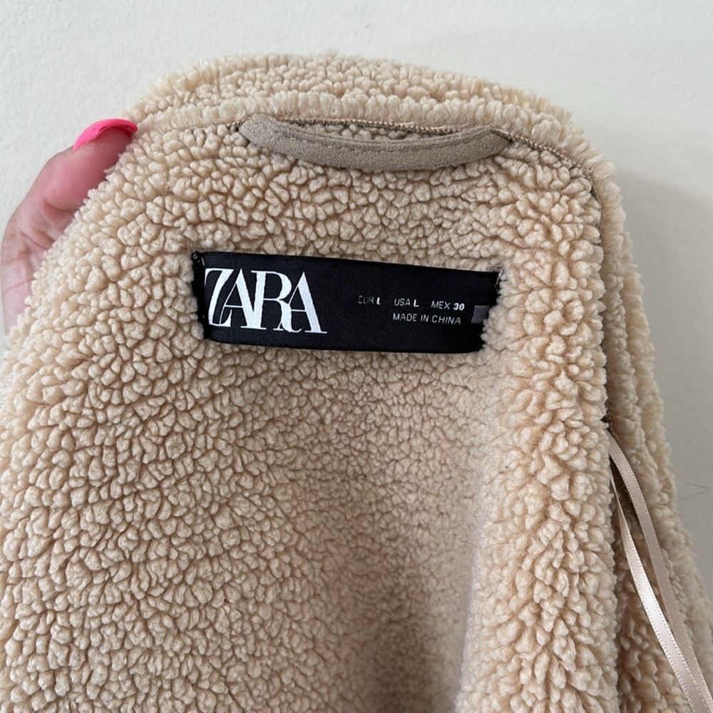 ZARA Contrasting Fleece Suede Long Coat Size Large - Picture 14 of 14
